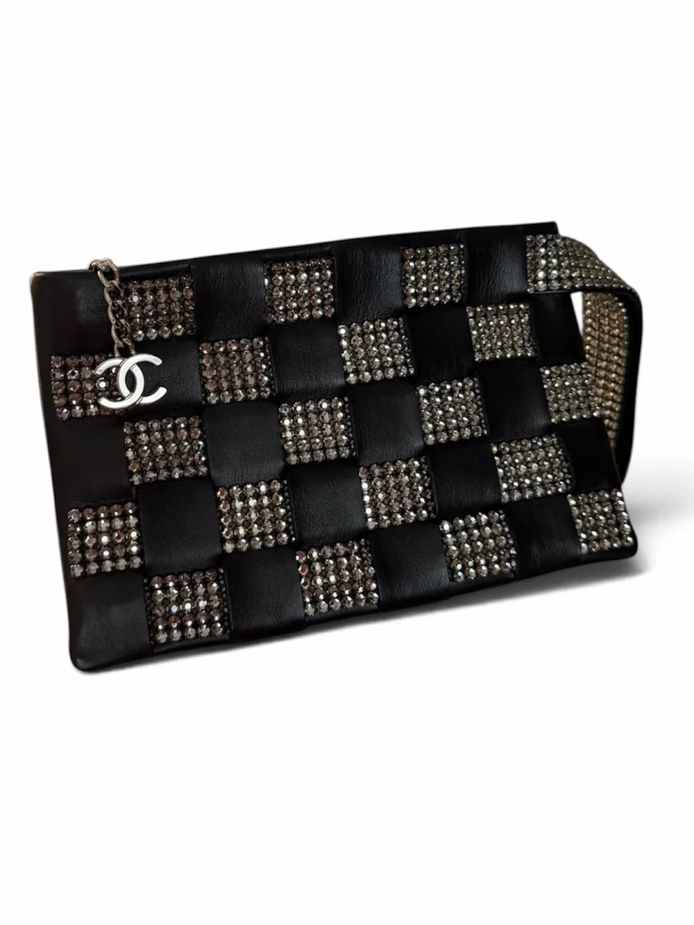 CHANEL Woven Strass Crystal Leather Wristlet Clutch Black